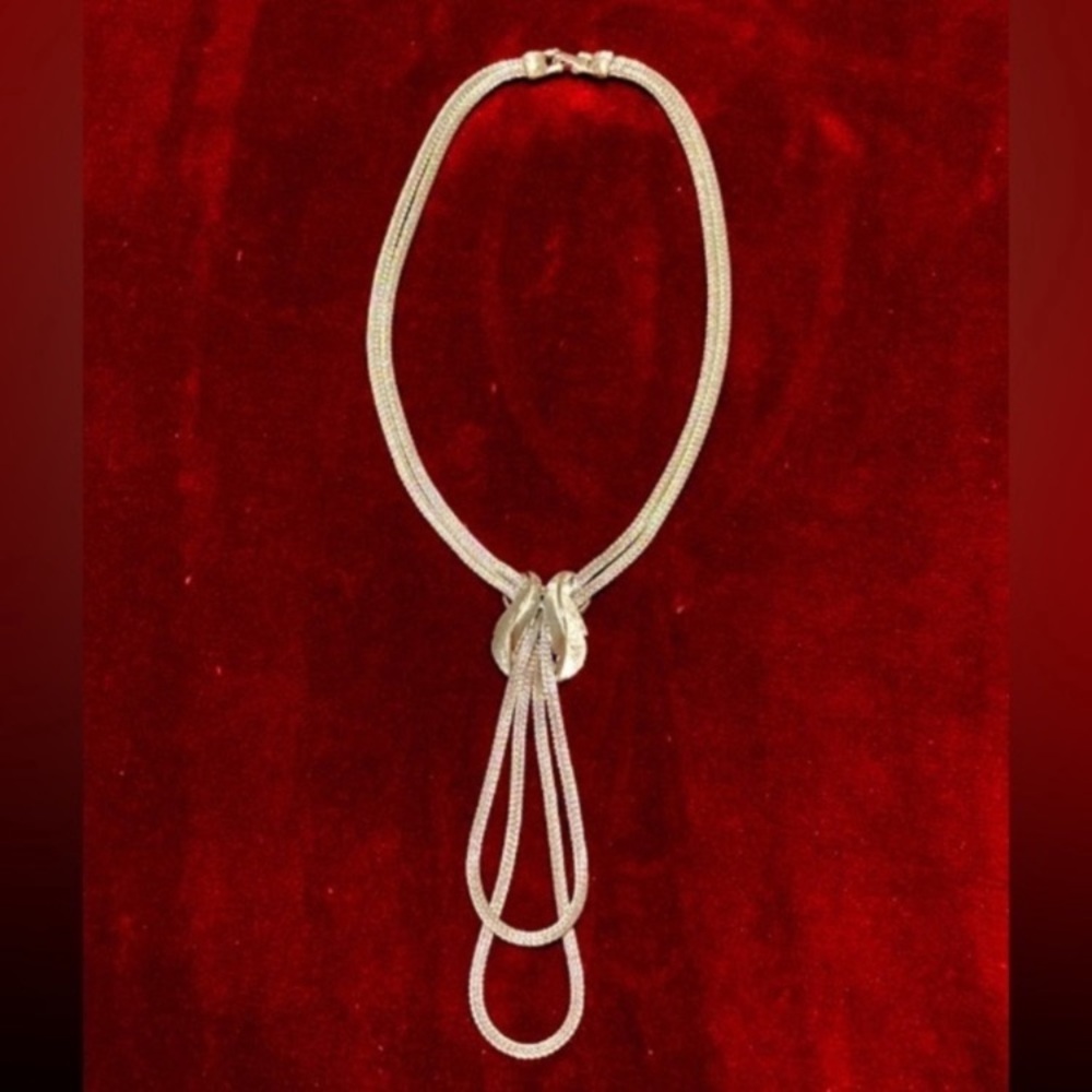Vintage Silver Metal Double Strand Rope Necklace with Leaf Pendant